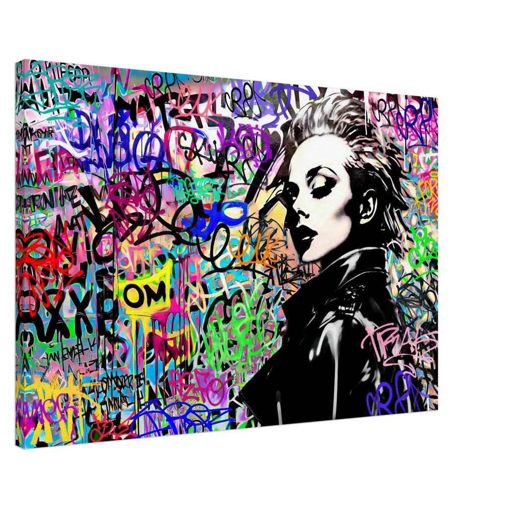 Slim Canvas print of Madonna wearing a black leather jacket against a backdrop of colorful graffiti and lettering. Chromatic Chaos-Graphique Addictions.