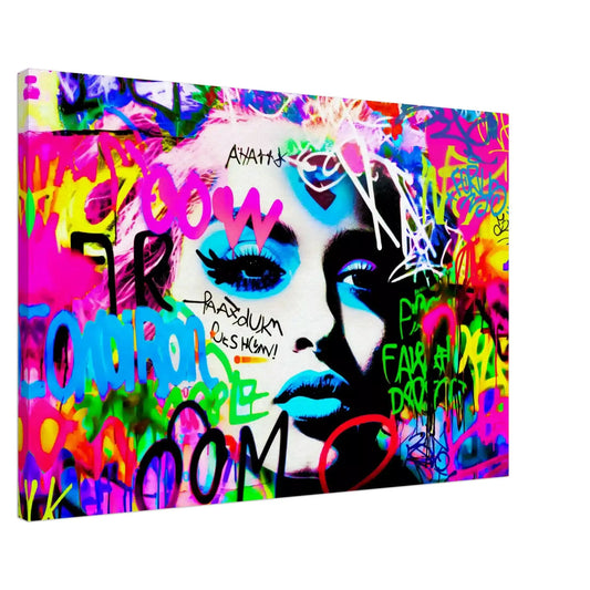 Slim canvas print of Madonna's face covered in colorful graffiti. Madonna's Graffiti Groove-Graphique Addictions.