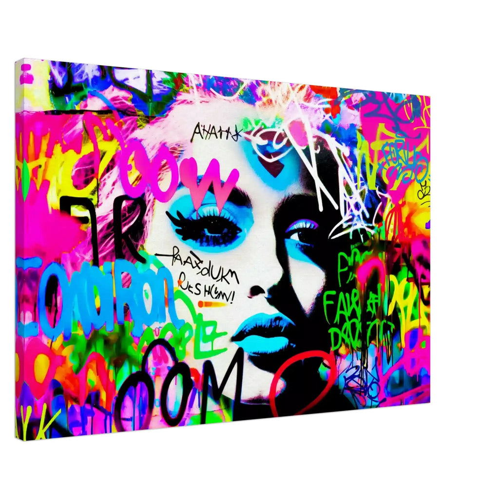Slim canvas print of Madonna's face covered in colorful graffiti. Madonna's Graffiti Groove-Graphique Addictions.