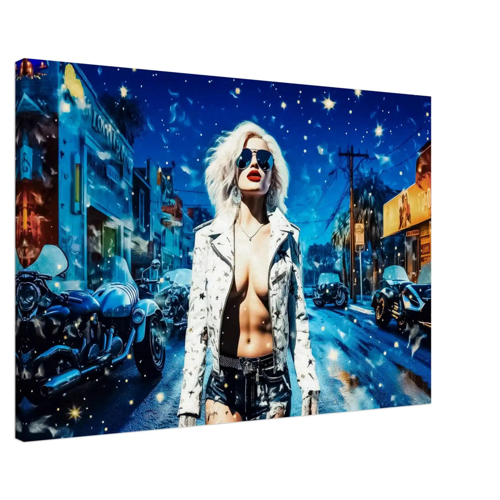 Slim canvas print of Madonna standing on a snow-covered road, illuminated by the moon's soft glow. Madonna's Midnight Seduction-Graphique Addictions.