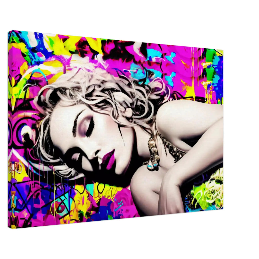 Slim canvas print of Madonna laying down surrounded by colorful graffiti. Madonnas Street Art Lullaby-Graphique Addictions.