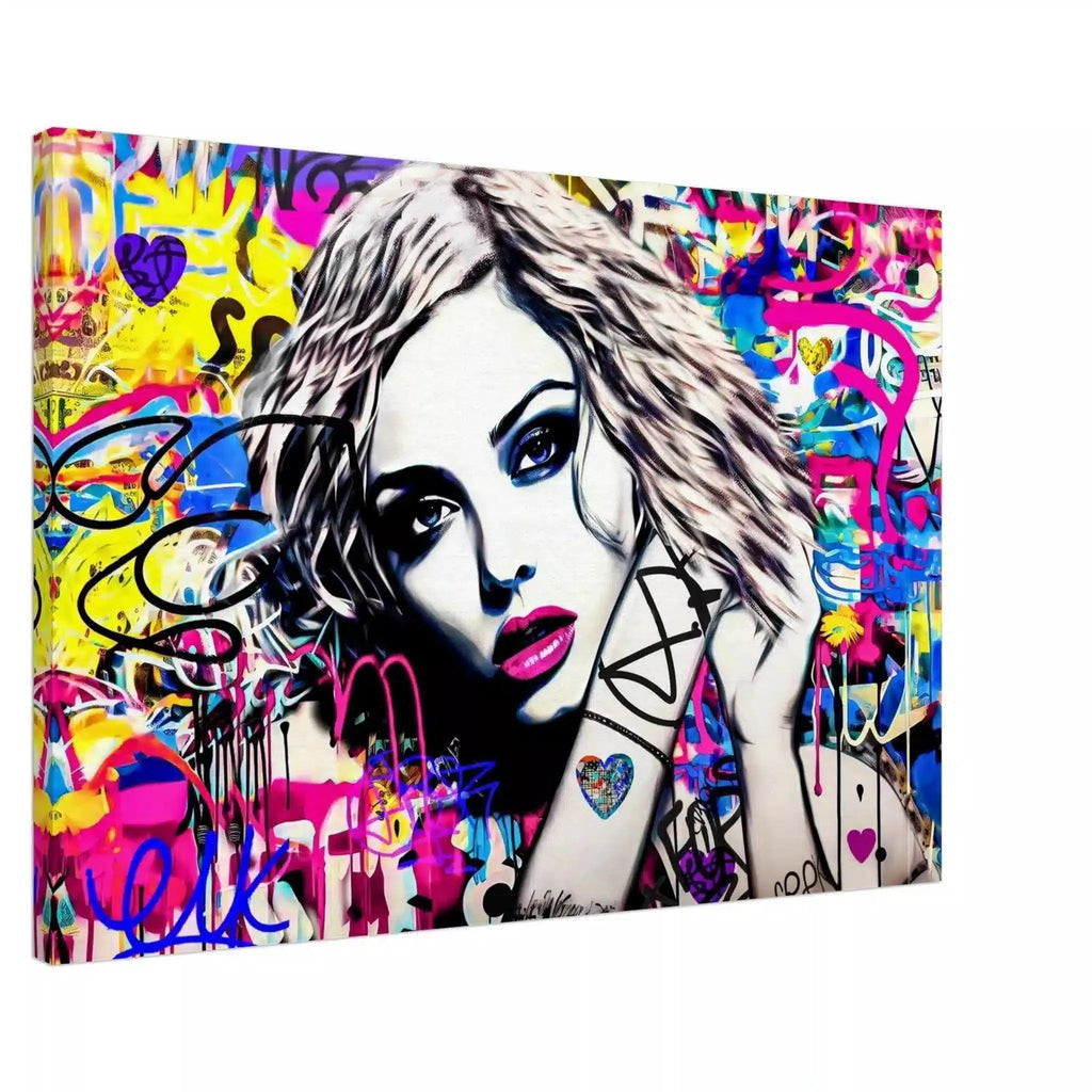 Slim Canvas close-up of Madonna's face surrounded by colorful graffiti. Madonna's Street Art Sensation-Graphique Addictions.