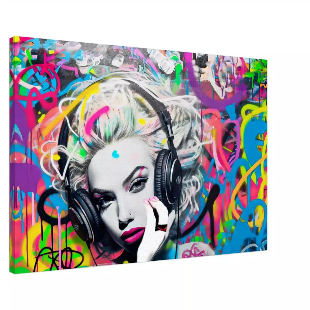 Slim canvas print of Madonna wearing headphones against a backdrop of neon-colored graffiti swirls. Madonna's Street Beats-Graphique Addictions.