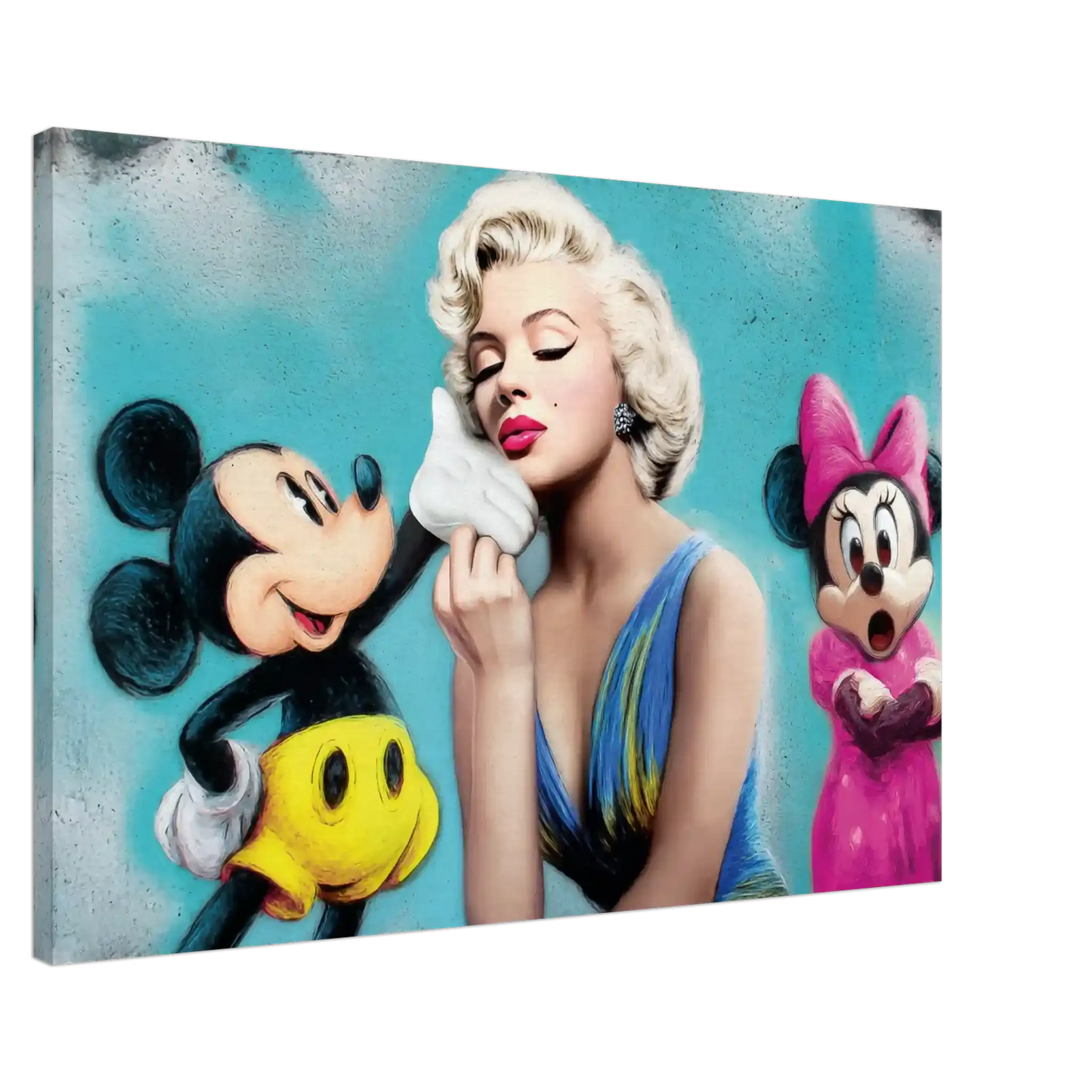 slim canvas print of marilyn monroe kissing micky mouse's hand and minnie mouse in the background with her mouth open in shock against a blue background. 