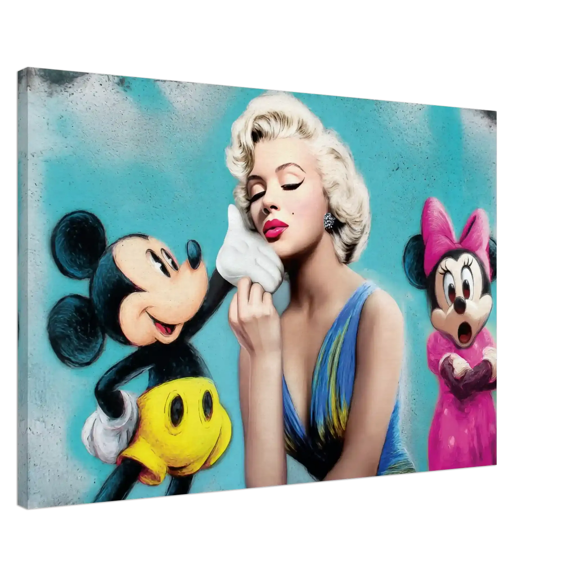 slim canvas print of marilyn monroe kissing micky mouse's hand and minnie mouse in the background with her mouth open in shock against a blue background. 