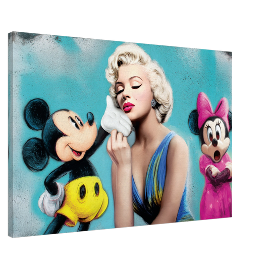 slim canvas print of marilyn monroe kissing micky mouse's hand and minnie mouse in the background with her mouth open in shock against a blue background. 
