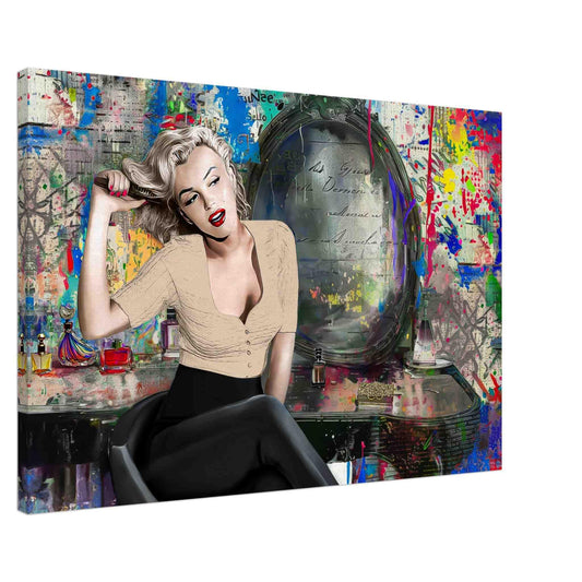 Marilyn Monroe sitting at her vanity,  in front of an old vintage mirror surrounded by graffiti, beauty products, and vibrant paint splashes, canvas print. Marilyn at the Vanity-Graphique Addictions.