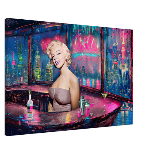 pop art slim canvas print of marilyn monroe as a bartender in a colorful cyberpunk bar overlooking the NYC skyline through the window. Graphique Addictions