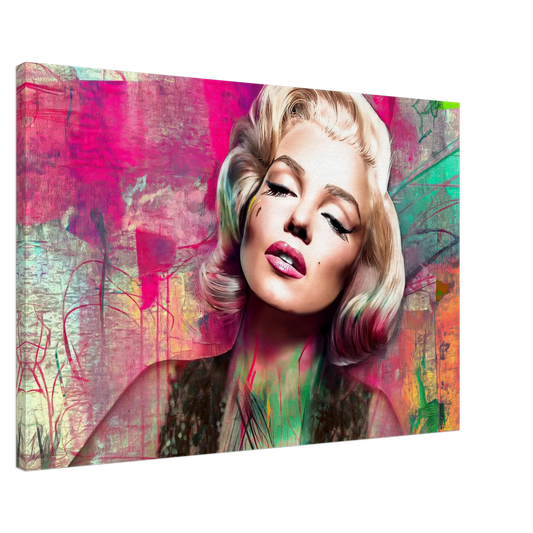 Abstract portrait of Marilyn Monroe with pink lips and lime green graffiti-style background-slim-24x36-inches-canvas-print-marilyns-candy-lime-collage-canvas-print-mockup, Graphique Addictions