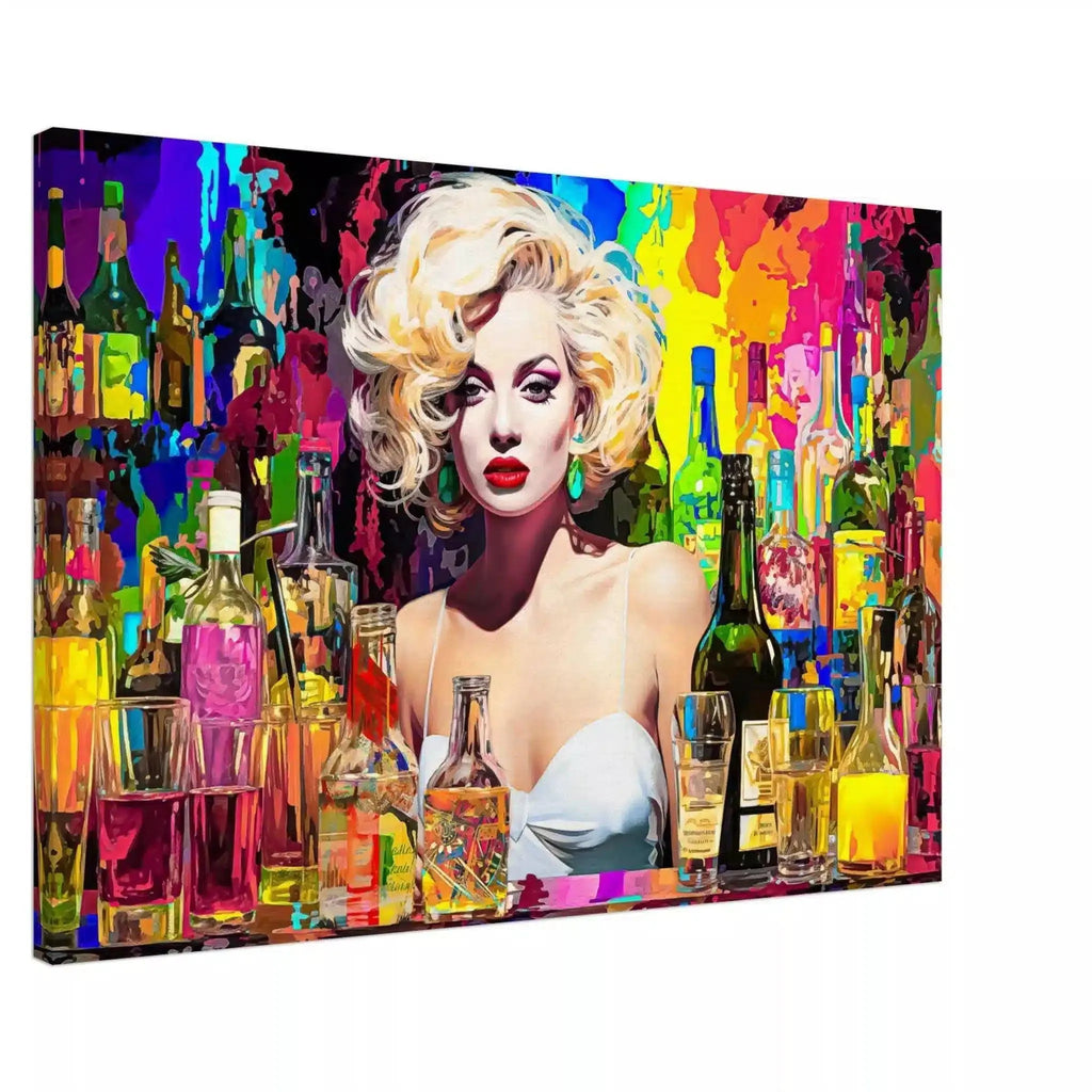 Slim canvas print of Marilyn Monroe behind the bar in a white dress, surrounded by colorful alcohol bottles and glasses. Marilyn's Intoxication of Imagination-Graphique Addictions.