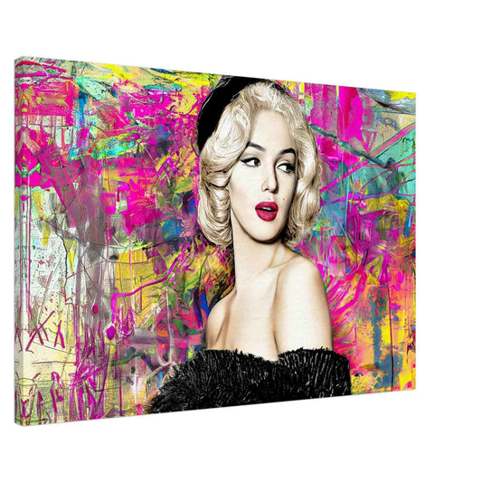 Marilyn Monroe in a black off-shoulder fur dress, against a vibrant neon graffiti background, canvas wall art. Marilyn's Modern Vintage Graffiti-Graphique Addictions.