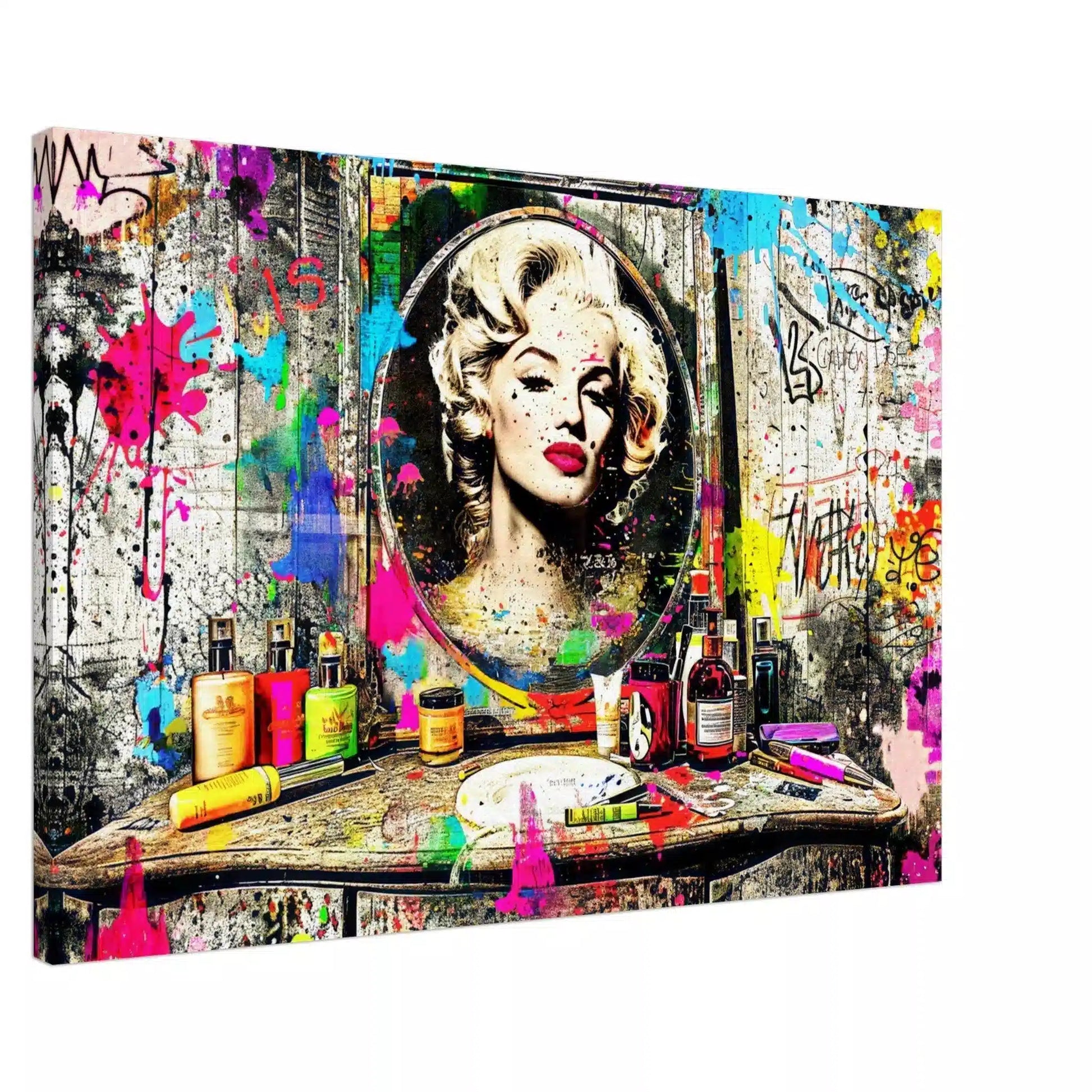 Canvas Print of Marilyn Monroe's reflection in a mirror, against an old wooden vanity table covered with makeup, perfume bottles, and colorful graffiti and paint. Marilyn's Painted Mirror-Graphique Addictions.