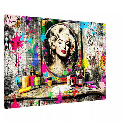 Canvas Print of Marilyn Monroe's reflection in a mirror, against an old wooden vanity table covered with makeup, perfume bottles, and colorful graffiti and paint. Marilyn's Painted Mirror-Graphique Addictions.