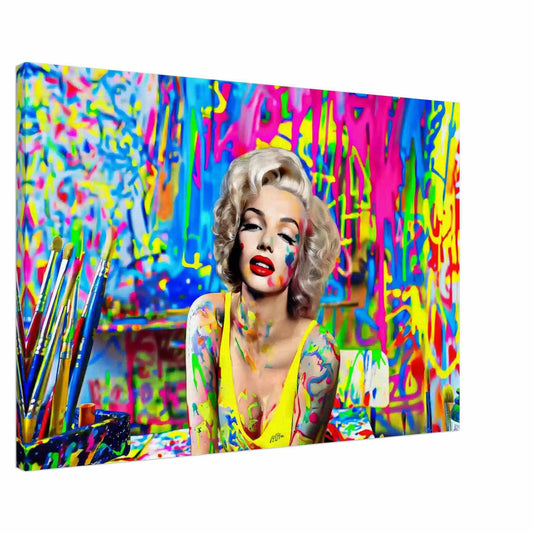 Marilyn Monroe in an art studio, surrounded by colorful paint splashes and brushes, slim canvas print. Titled-Marilyn's pop studio-Graphique Addictions.