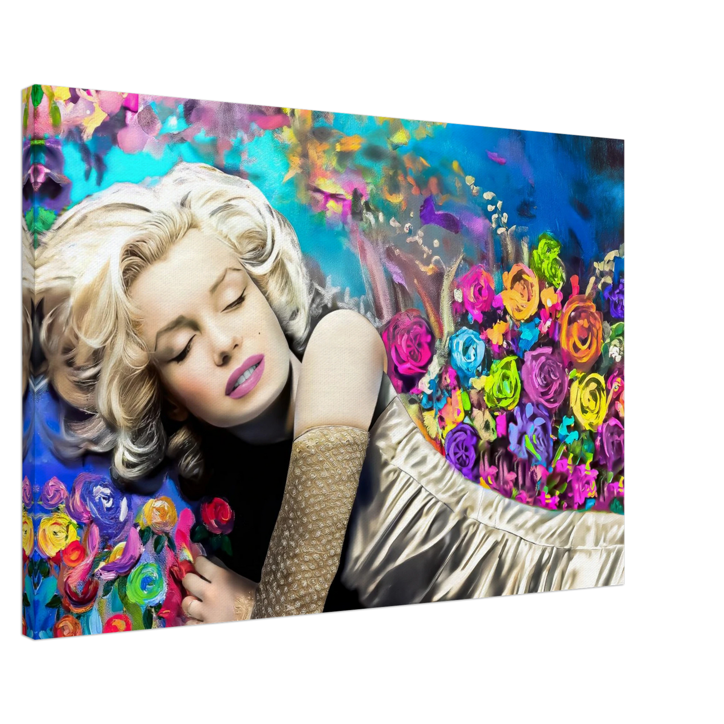 slim canvas wall art portrait of marilyn monroe sleeping in bed, with colorful flowers surrounding her. Graphique Addictions.