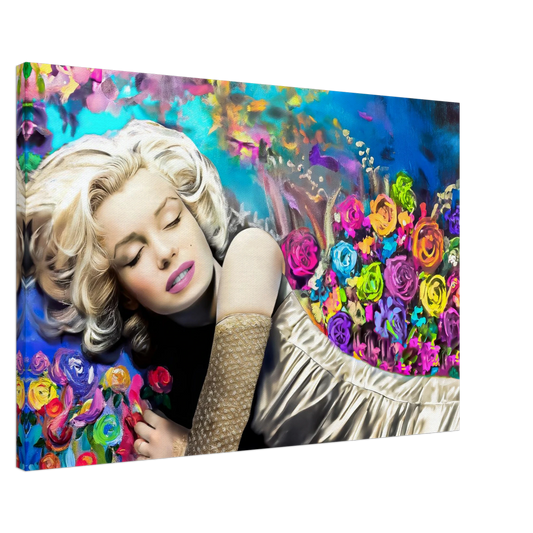 slim canvas wall art portrait of marilyn monroe sleeping in bed, with colorful flowers surrounding her. Graphique Addictions.