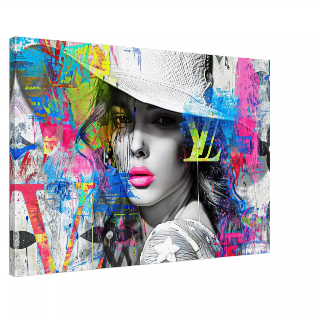 Slim canvas print of a beautiful woman in a stylish white hat, against a backdrop of colorful graffiti and street-art style paint splashes and Louis Vuitton-inspired logos. Monogram Vogue Elegance-Graphique Addictions.
