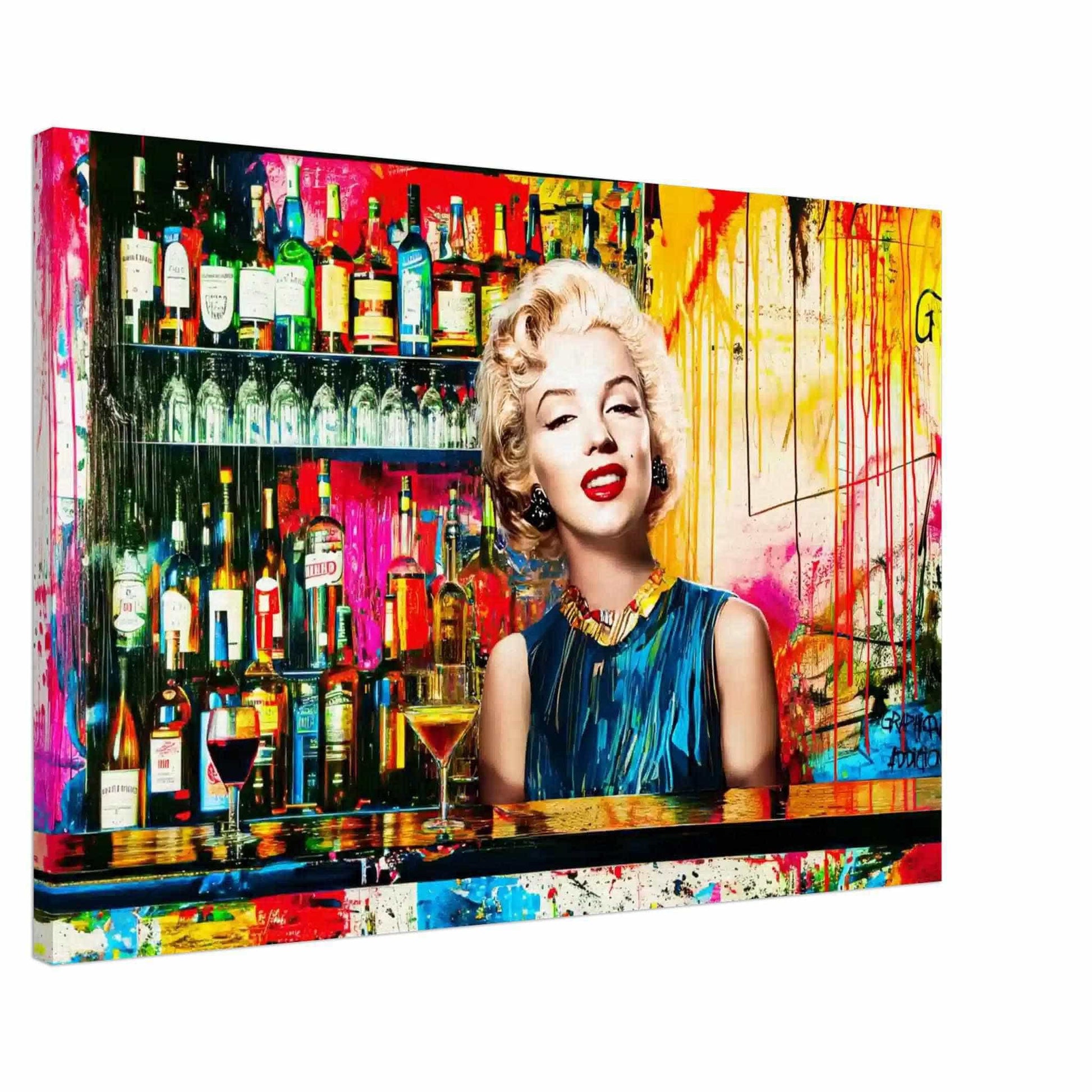 Canvas print of Marilyn Monroe standing behind a bar with alcohol bottles on the shelves, vibrant abstract colors, graffiti, and paint. Monroe's Cocktail Hour-Graphique Addictions.