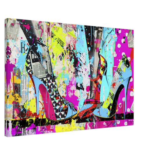 canvas print of high heels against a backdrop of colorful newspaper texture collage and paint splashes. Neon Stiletto 80's Remix-Graphique Addictions.