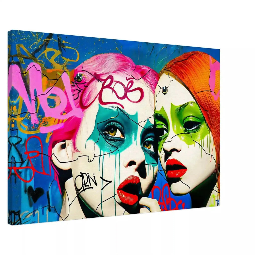 2 teenage girls with pink and orange-red hair, green eyes, and bold red lips against a backdrop of colorful street art. Slim Canvas, Phantoms puzzle of decay-Graphique Addictions