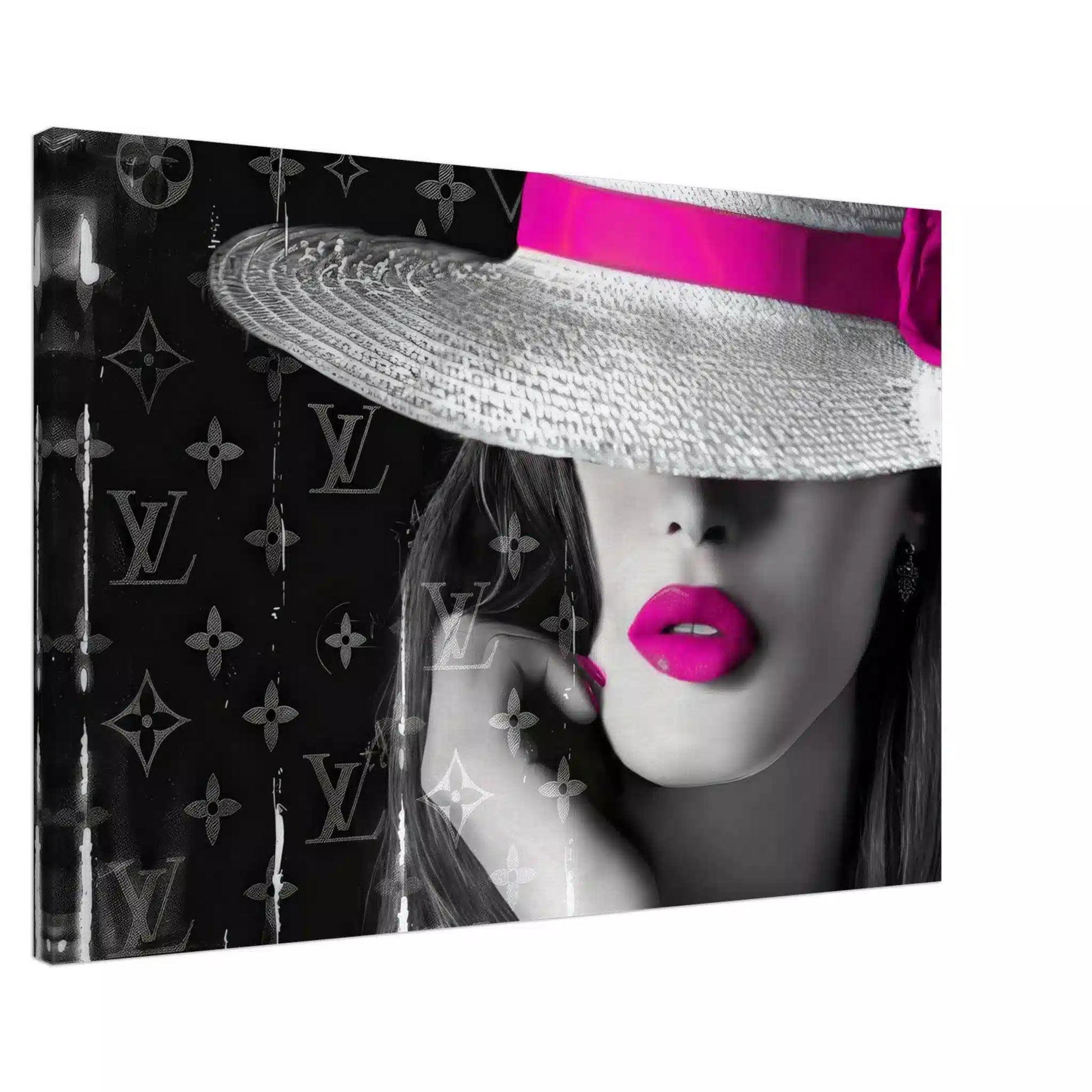 Slim canvas print of a close-up of a woman wearing a white hat with pink bow against Louis Vuitton inspired monogram background. Pink Lipped Chic in Monogram-Graphique Addictions.
