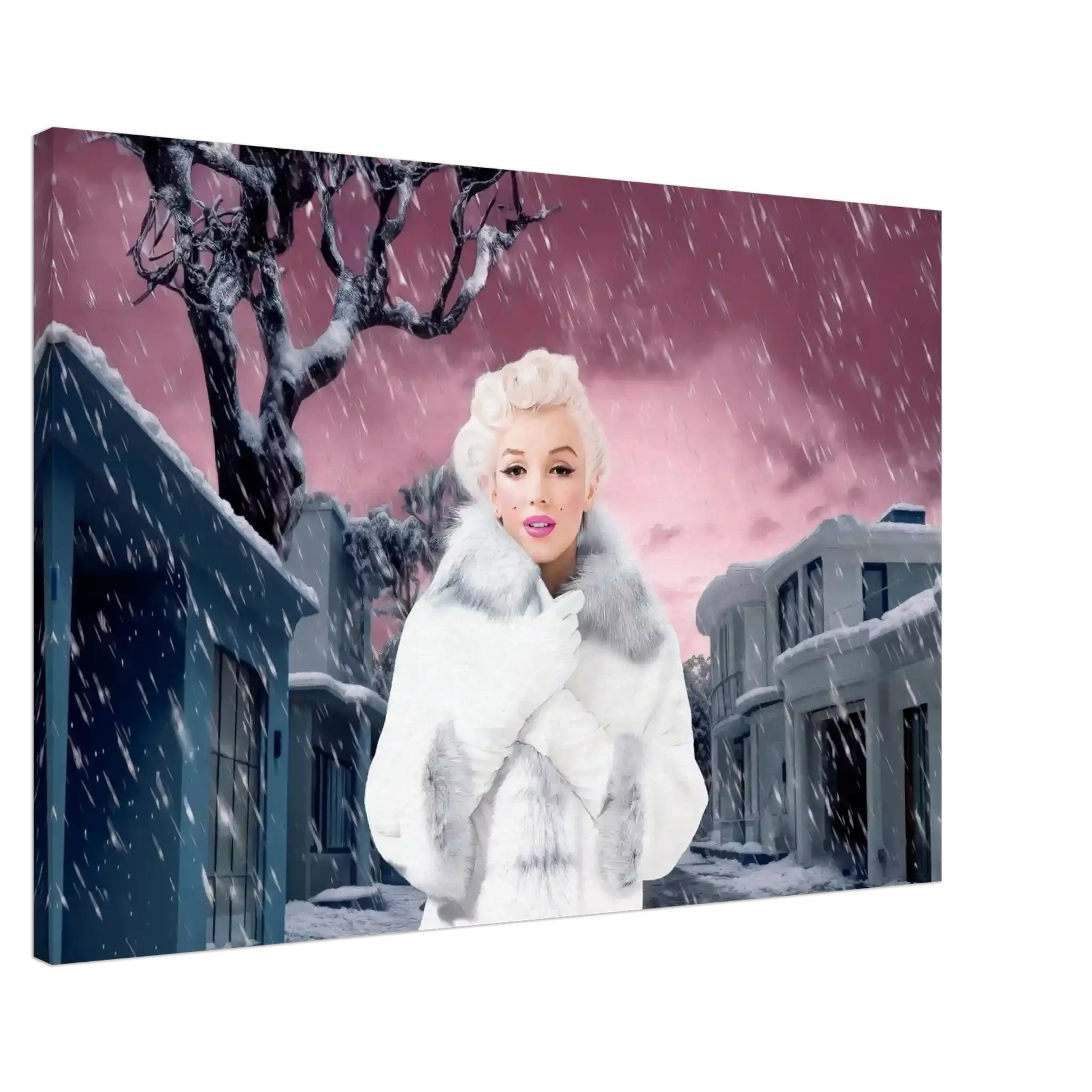 slim canvas of marilyn monroe wearing a white fur coat and gloves, standing under a snowy sky with a pink hue, surrounded by gray houses. 