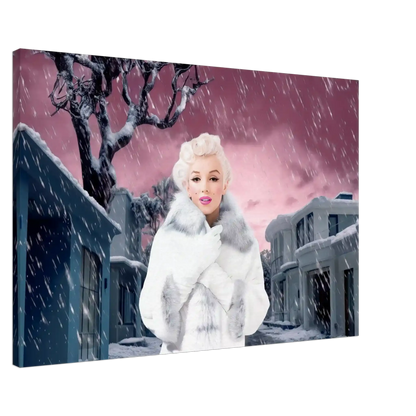 slim canvas of marilyn monroe wearing a white fur coat and gloves, standing under a snowy sky with a pink hue, surrounded by gray houses. 