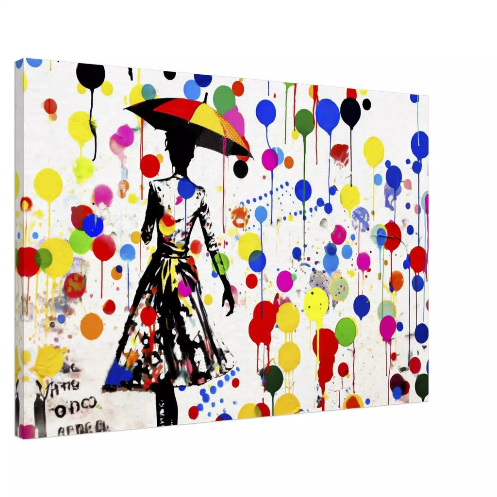 Elegant woman with umbrella amid colorful paint splashes, dots, and balloons on a white background. Slim Canvas print. Polka Splash Soiree-Graphique Addictions