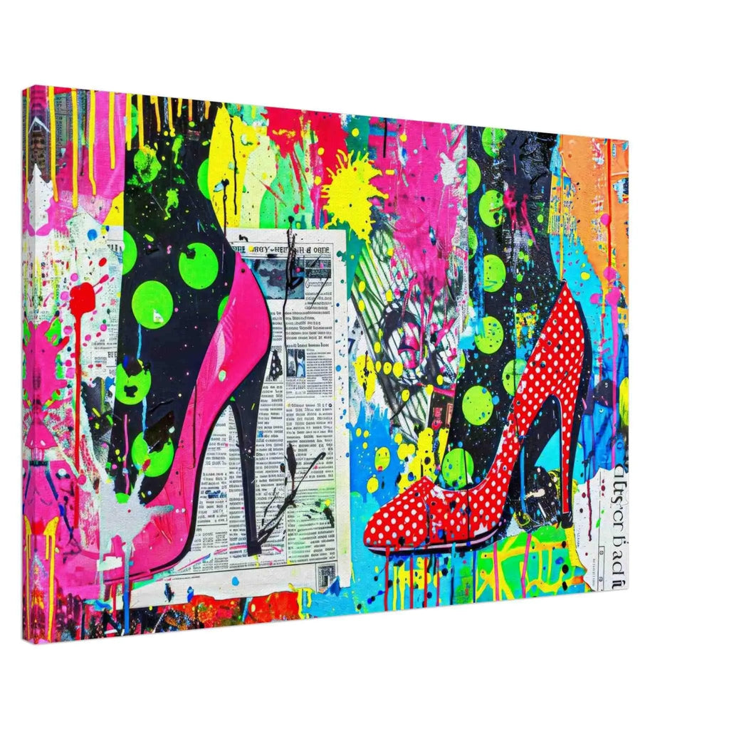 Graffiti collage featuring black leggings with green polka dots, red and pink high heels with polka dot accents, neon paint splashes, and layered newspaper textures, canvas print. Pop Art Pumps-Graphique Addictions.