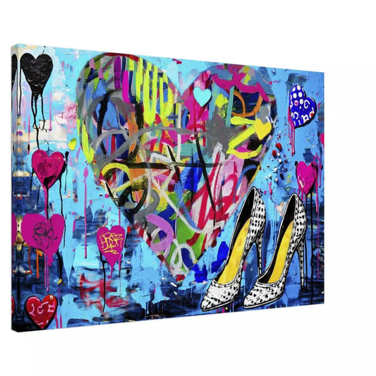 Canvas print of a large heart with colorful neon scribble graffiti and leopard print stilettos. Pop Splash Couture-Graphique Addictions.