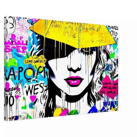 Slim canvas print close-up of womans face with pink lips,  a yellow umbrella is above her, white background with colorful dripping paint. Radiant Umbrella Comic Burst-Graphique Addictions.
