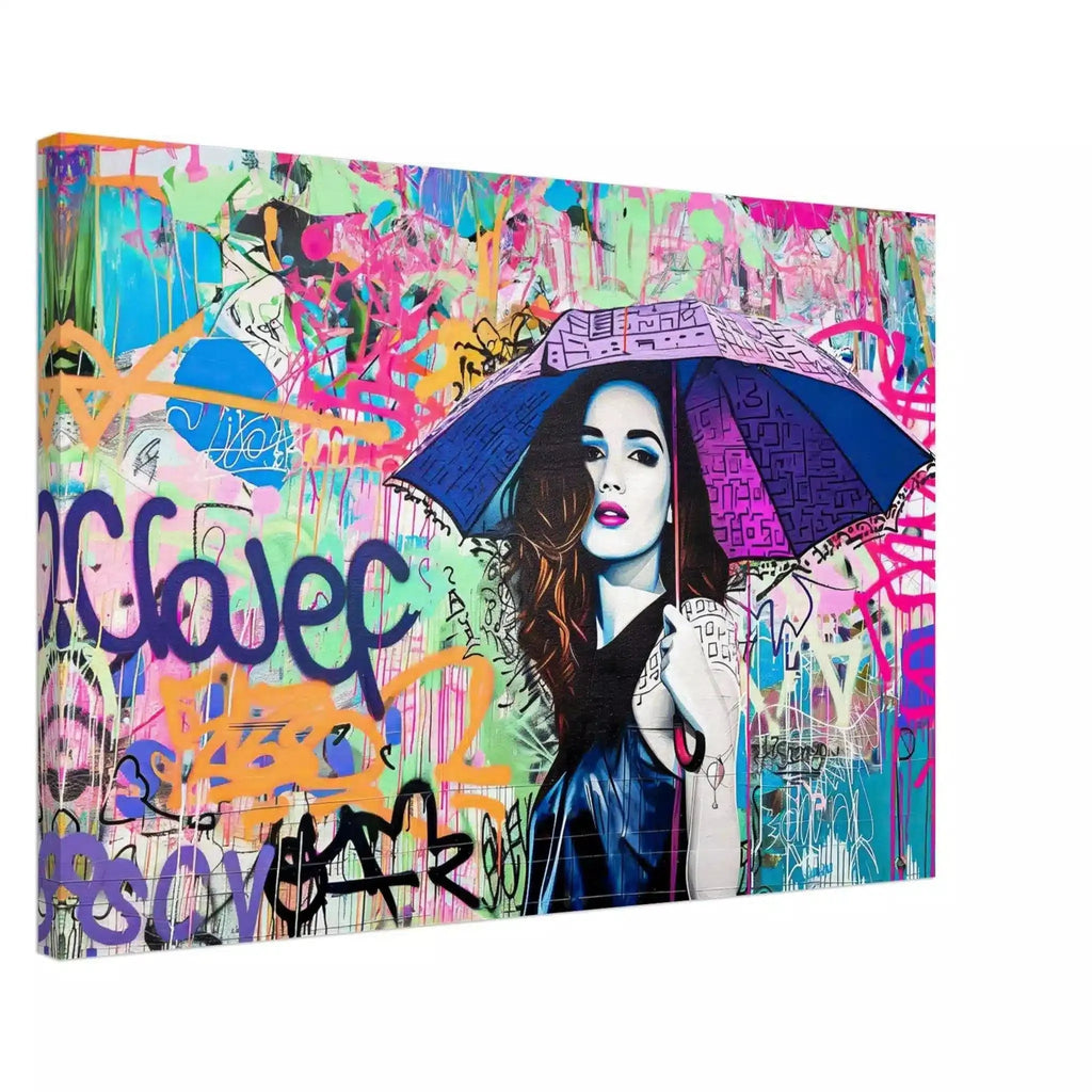 Brunette woman with long hair, holding a purple-blue colored umbrella with black graffiti accents. Canvas Print-Slim-Rainbow Graffiti Tempest-Graphique Addictions