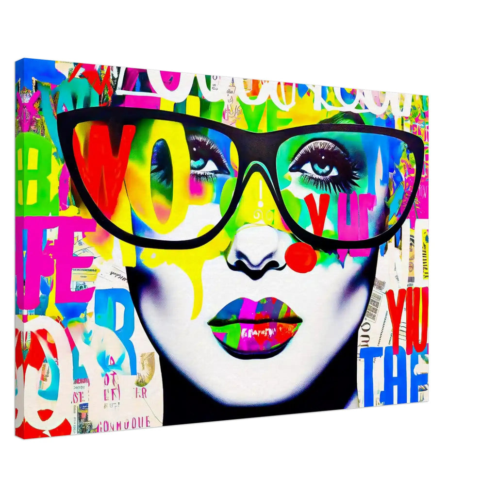 Canvas print portrait of a woman wearing black glasses, set against a white background with colorful graffiti-style letters. Shades of Typography-Graphique Addictions.