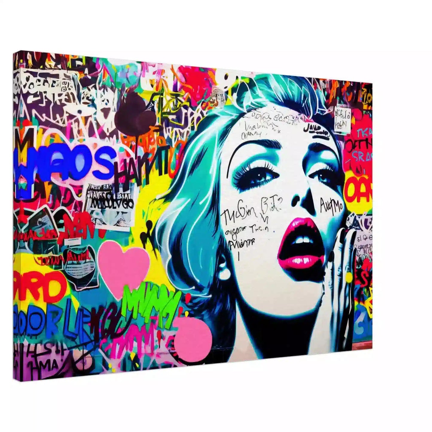 A cartoon woman with her hand on her mouth surrounded by large pink hearts and background of bright colors and patterns. Canvas Print-Slim-Shouts in Spectrum - Graphique Addictions
