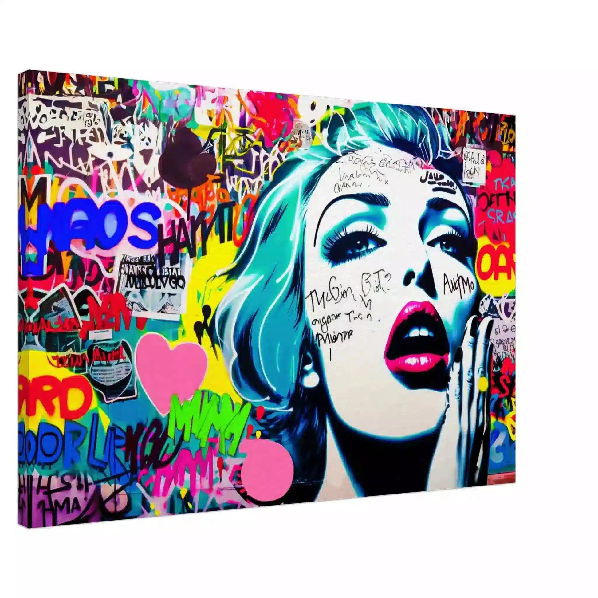 A cartoon woman with her hand on her mouth surrounded by large pink hearts and background of bright colors and patterns. Canvas Print-Slim-Shouts in Spectrum - Graphique Addictions