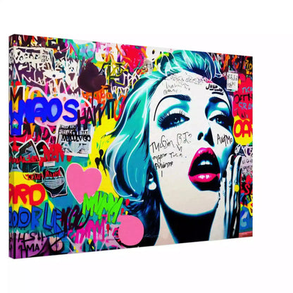 A cartoon woman with her hand on her mouth surrounded by large pink hearts and background of bright colors and patterns. Canvas Print-Slim-Shouts in Spectrum - Graphique Addictions