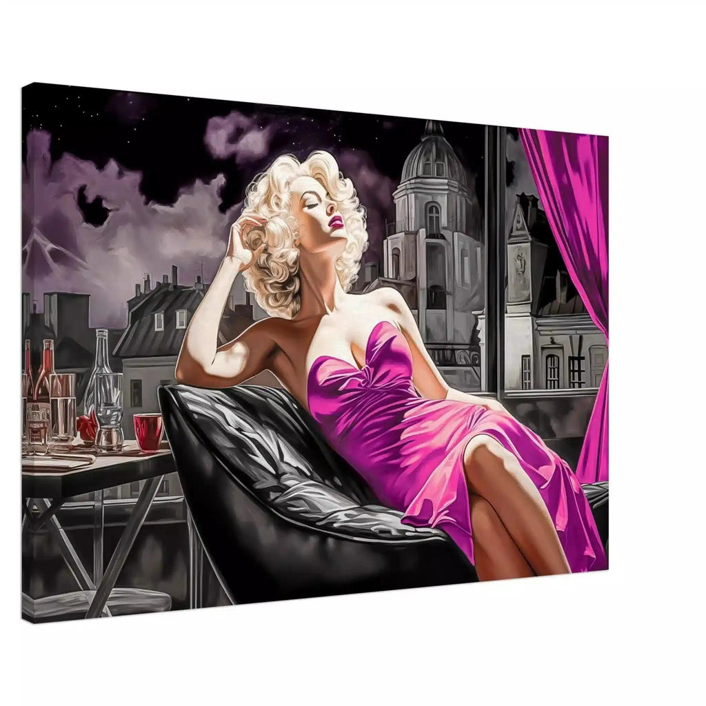 A beautiful blonde sitting on a black leather sofa, wearing a pink dress, with a glass of red wine on the table beside her with a view of the dark cityscape of Paris. Canvas Print-Slim-Starry Noir Reverie-Graphique Addictions