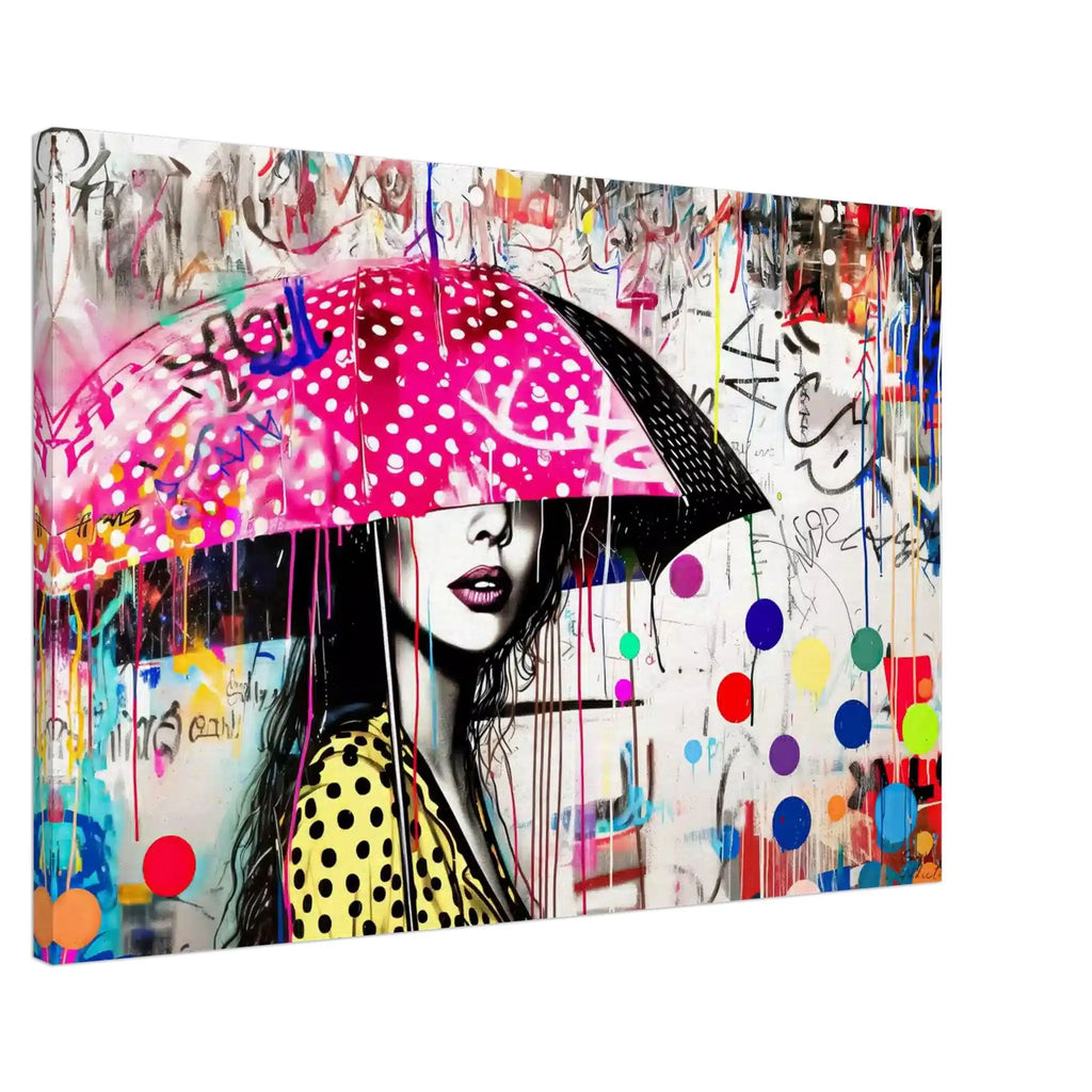 canvas print of woman holding a pink umbrella with white polka dots and colorful paint splashes. Street Art Storm-Graphique Addictions.