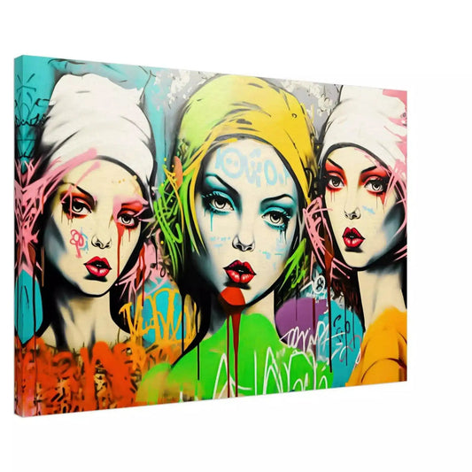 Three women in red, green, orange with bold makeup and headscarves, set against vibrant green graffiti with purple and white scribbles. Canvas Print-Slim-Urban Decay Divas - Graphique Addictions