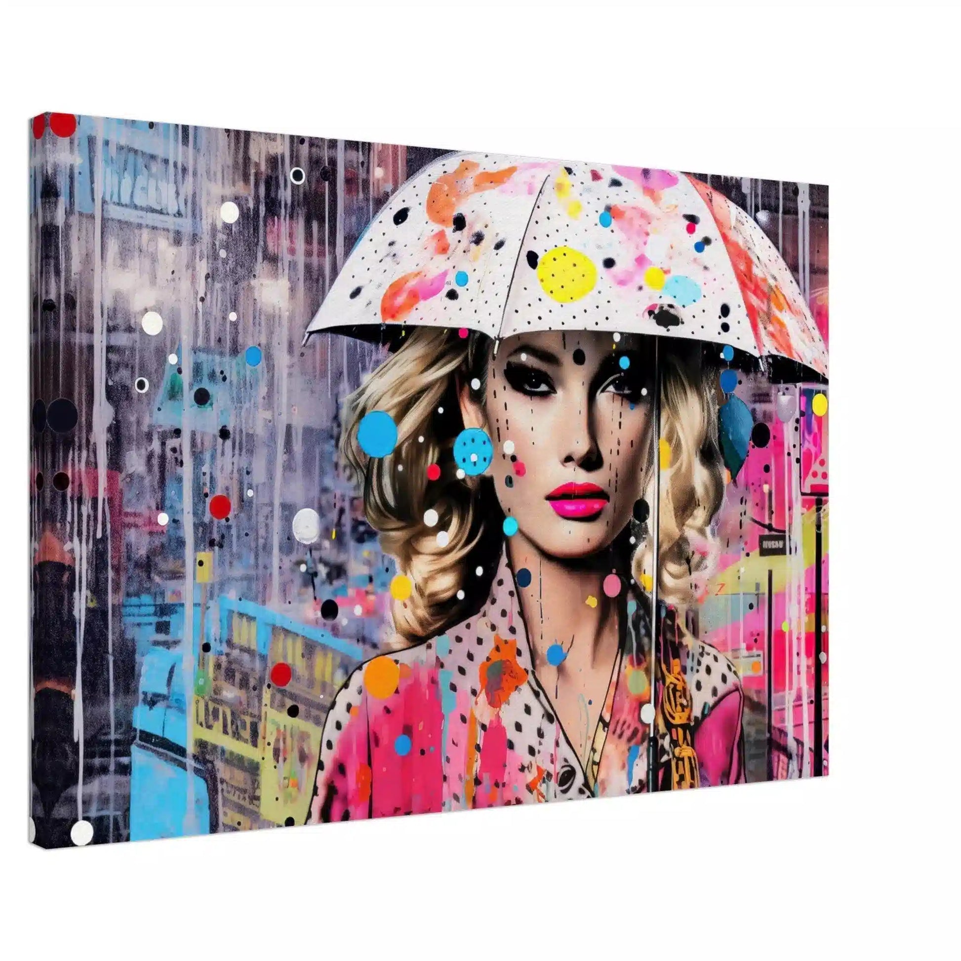 Blonde woman in a polka-dot dress with a colorful umbrella, set against a rain-soaked cityscape with pink and blue street art. Slim canvas, Vibrant Drizzle Elegance-Graphique Addictions