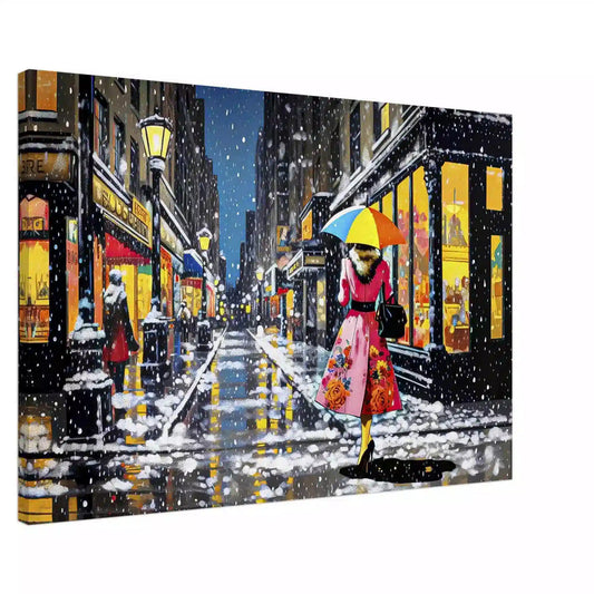 Woman in pink rose dress with umbrella walks snowy Paris street, lit by yellow lights, in vibrant oil painting style. Slim-Vintage Snowflakes - Canvas Print-Graphique Addictions
