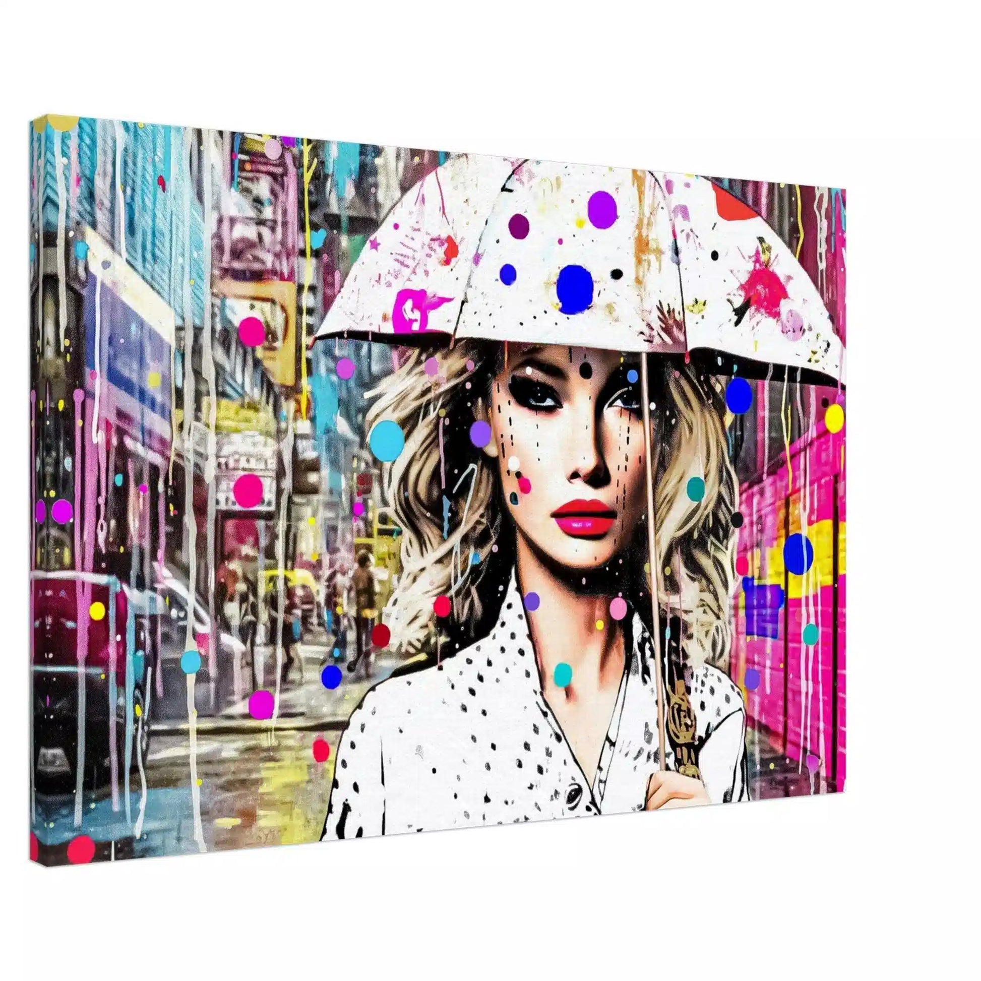 Canvas print of woman holding a white umbrella with colorful dotted paint splatters. Vivid Vogue Rainfall, Graphique Addictions.