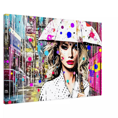Canvas print of woman holding a white umbrella with colorful dotted paint splatters. Vivid Vogue Rainfall, Graphique Addictions.