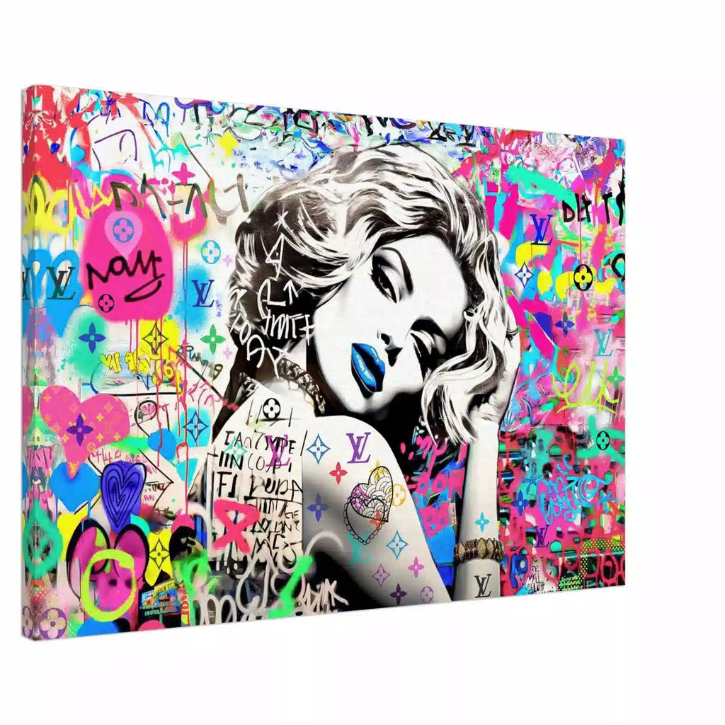 Canvas print of Madonna wearing blue lipstick surrounded by colorful graffiti and LV monogram tattoo on her arm. Vuitton Tattoo Vixen-Graphique Addictions
