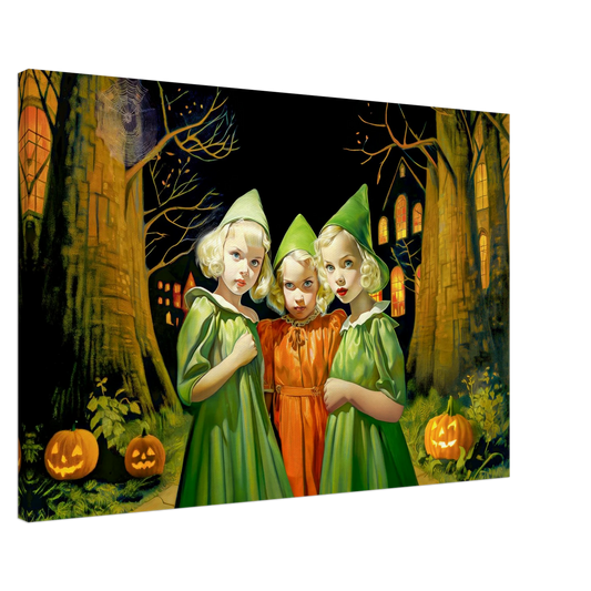 slim canvas print of three children in green and orange witch costumes. Emerald and Saffron Witches-Graphqiue Addictions.