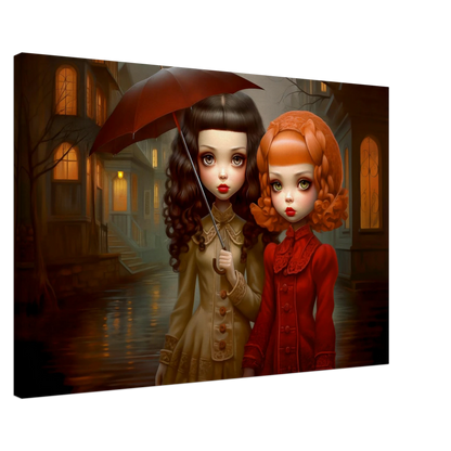 slim canvas art print of Victorian-inspired dolls standing under the rain on a quiet, moonlit street holding an umbrella. Gothic Rain Dolls-Graphique Addictions.