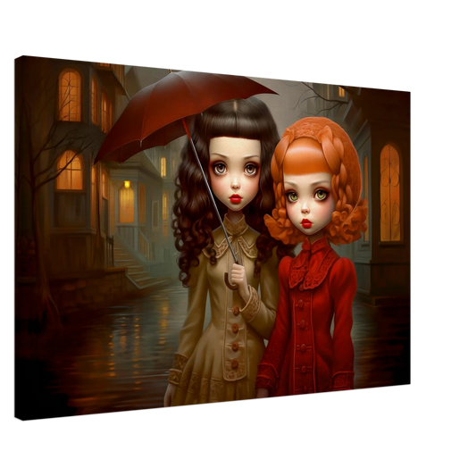 slim canvas art print of Victorian-inspired dolls standing under the rain on a quiet, moonlit street holding an umbrella. Gothic Rain Dolls-Graphique Addictions.