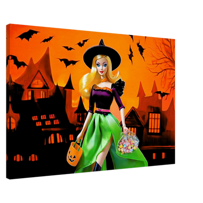 slim canvas print of a Halloween-themed barbie dressed as a witch. Haunted Barbie Witch-Graphique Addictions.
