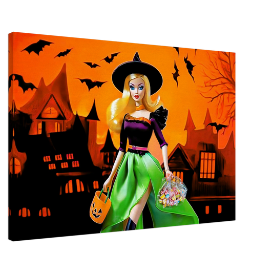 slim canvas print of a Halloween-themed barbie dressed as a witch. Haunted Barbie Witch-Graphique Addictions.