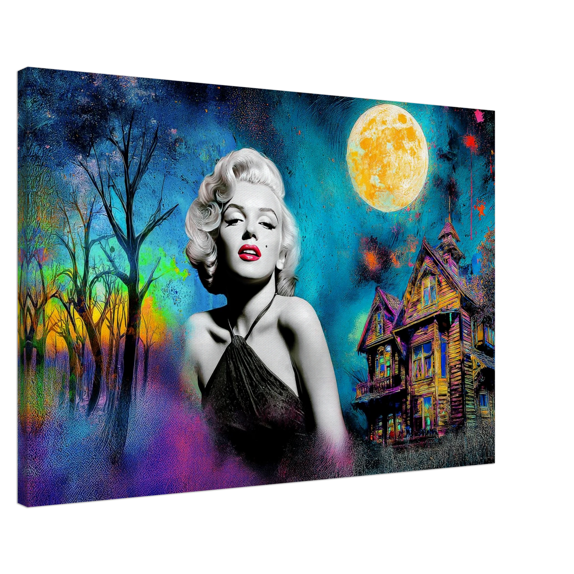 colorful painting of Marilyn Monroe wearing a black dress with a haunted house and moon behind her. Moonlit Marilyn-Graphique Addictions.
